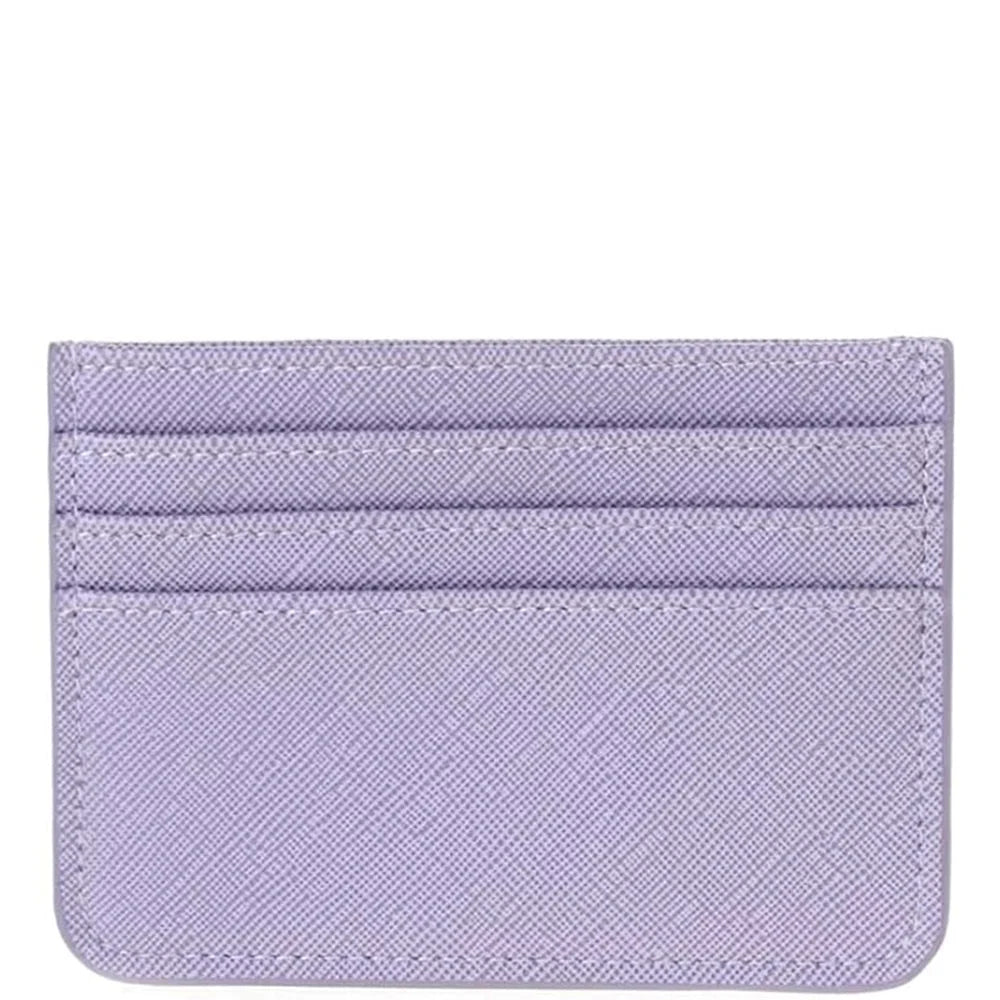 Lavender leather slim card holder featuring multiple slots for convenient organization