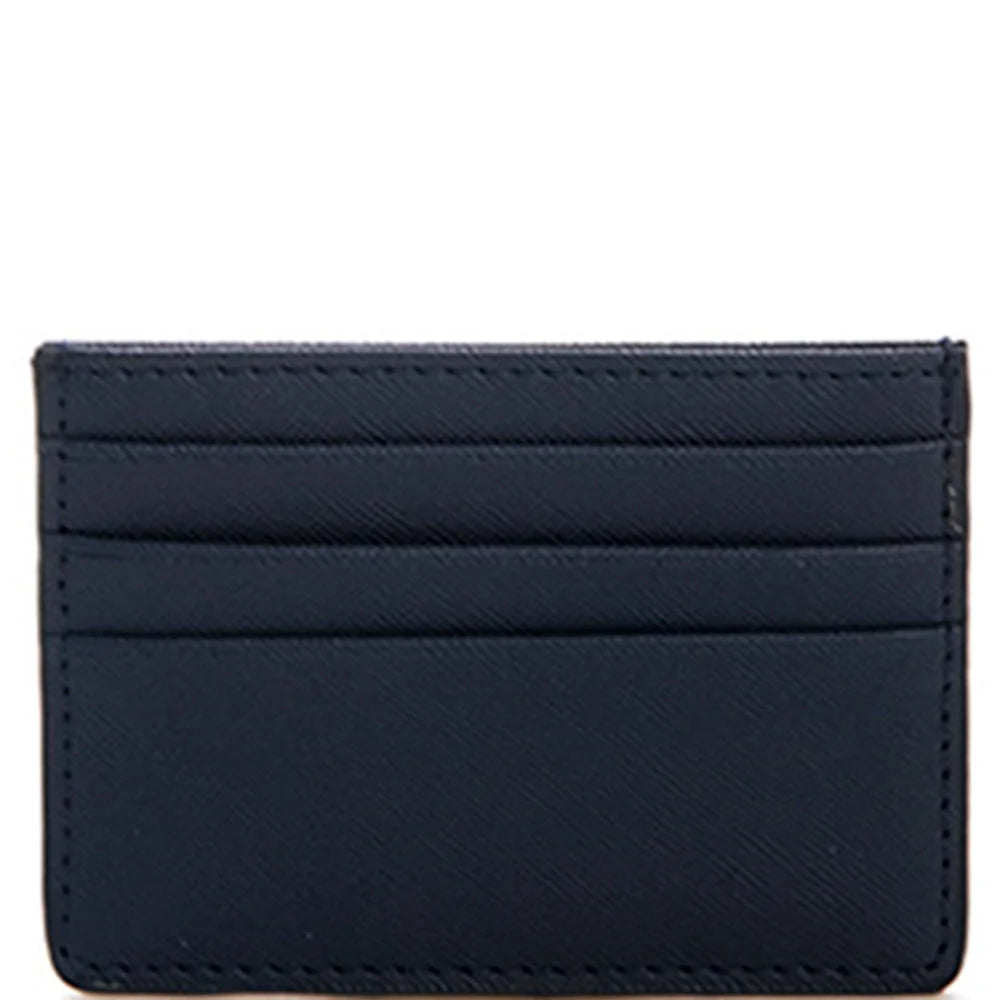 Navy blue leather slim card holder with multiple slots for cards