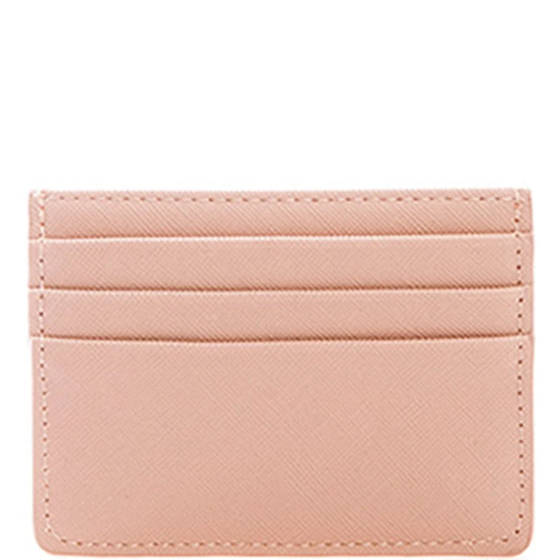 Pale pink leather slim card holder with multiple slots for easy organization