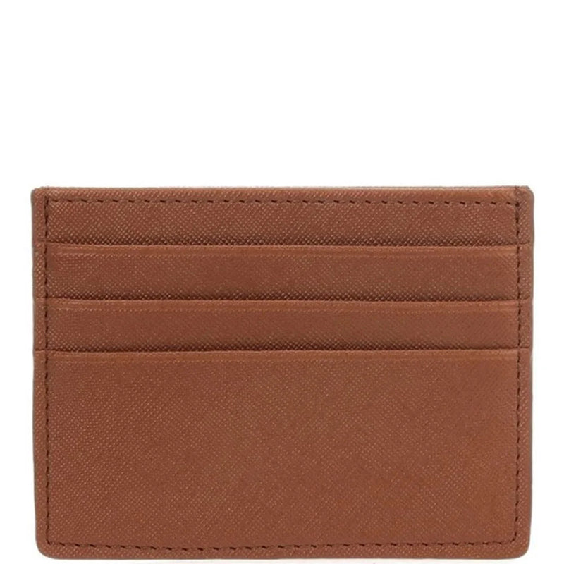 Brown leather slim card holder featuring multiple slots for cards