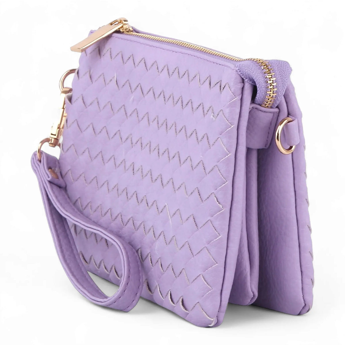 Lavender small woven crossbody bag with zigzag pattern and gold hardware