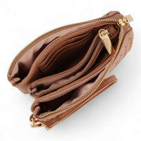 Brown leather clutch purse with zippered compartments in a small woven crossbody design