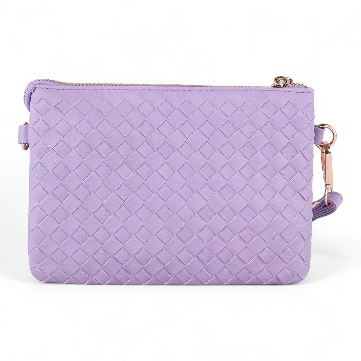 Lavender woven leather clutch purse with zipper and detachable strap, small woven crossbody