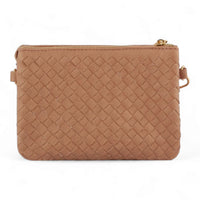 Tan leather small woven crossbody bag with gold zipper and stylish woven pattern