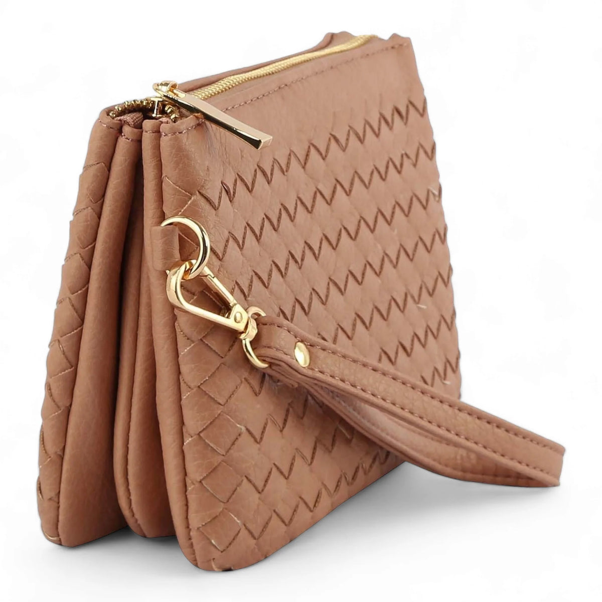 Tan leather small woven crossbody bag with zigzag stitching and gold hardware