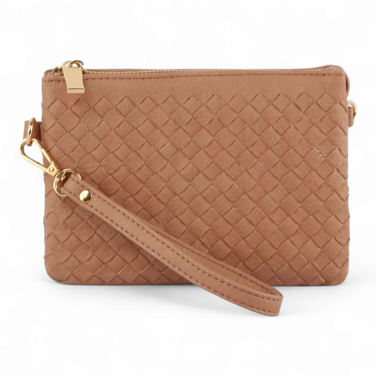 Tan leather wristlet clutch with woven texture and gold hardware, perfect small woven crossbody