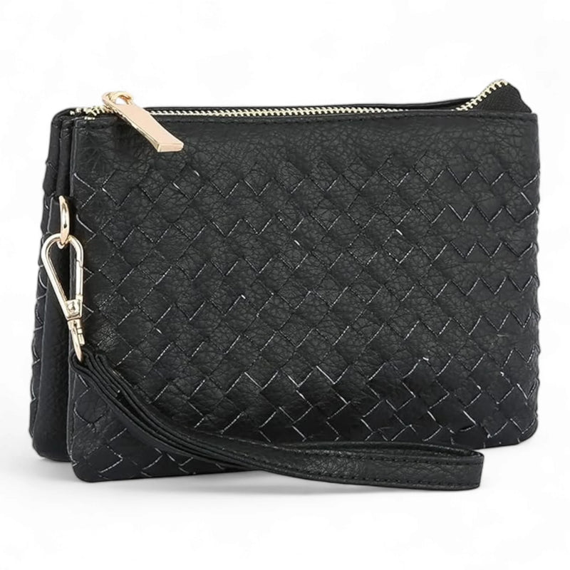 Black woven leather clutch purse with wrist strap, perfect for a small woven crossbody