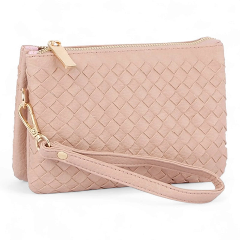 Pale pink woven leather clutch purse with wrist strap, perfect small woven crossbody bag