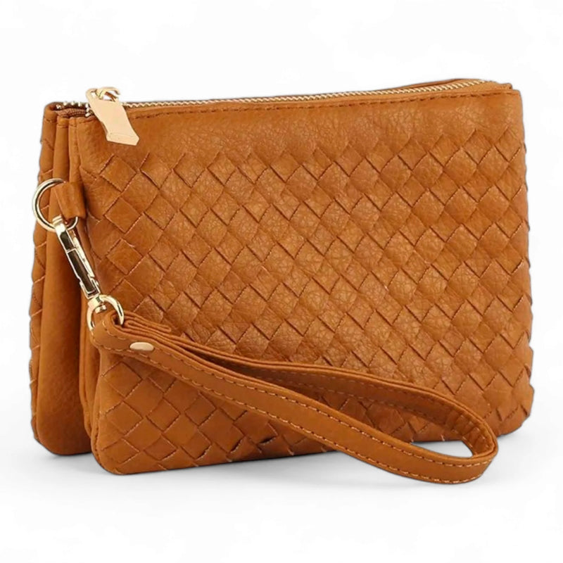 Tan leather small woven crossbody bag with zipper closure and woven pattern