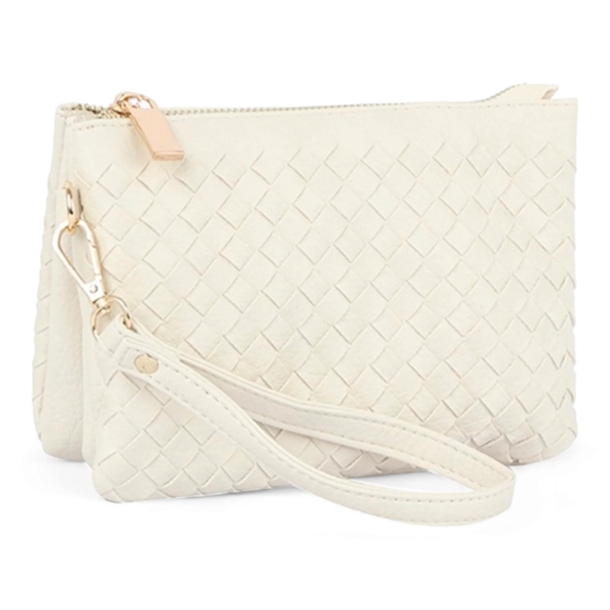 Cream-colored woven leather clutch purse with wrist strap, perfect small woven crossbody