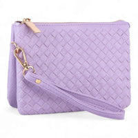 Lavender woven crossbody clutch purse with wrist strap and gold-toned zipper