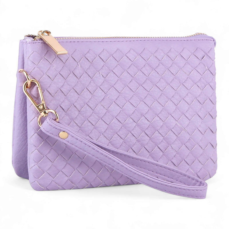 Lavender woven crossbody clutch purse with wrist strap and gold-toned zipper