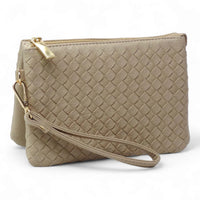 Beige small woven crossbody bag with wrist strap and zipper closure