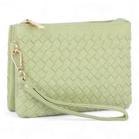 Pale green woven leather clutch purse with wrist strap for small woven crossbody use