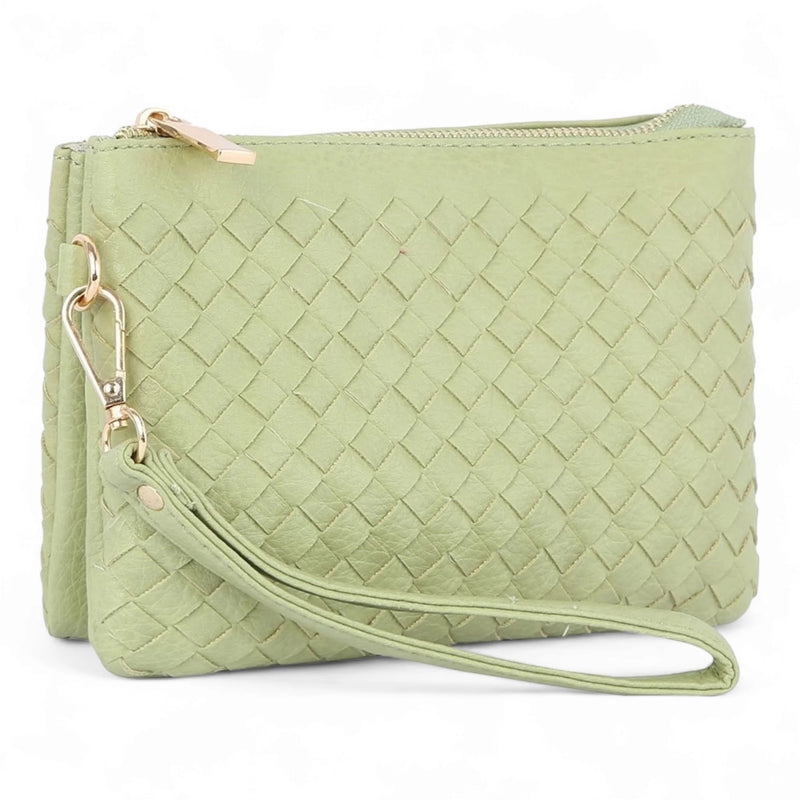 Pale green woven leather clutch purse with wrist strap for small woven crossbody use