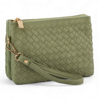 Olive green woven leather clutch purse with wrist strap for small woven crossbody use