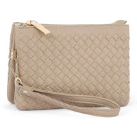 Beige woven leather clutch purse with wrist strap in Small Woven Crossbody Bag style