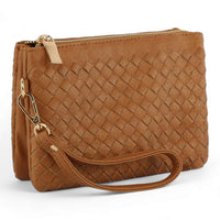 Tan leather small woven crossbody bag with woven texture and gold-toned zipper