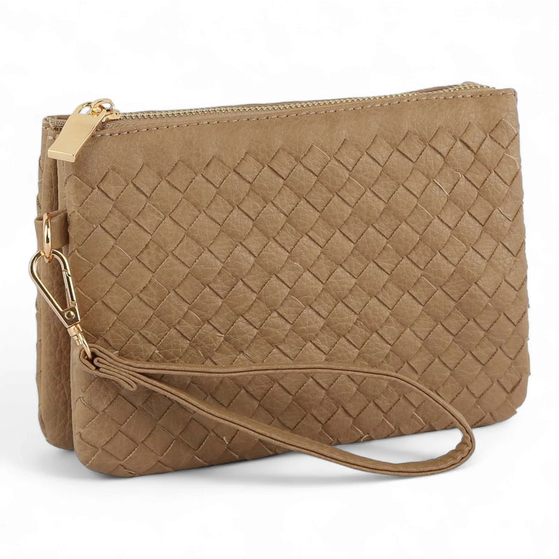 Tan woven leather clutch purse with wrist strap, perfect small woven crossbody option