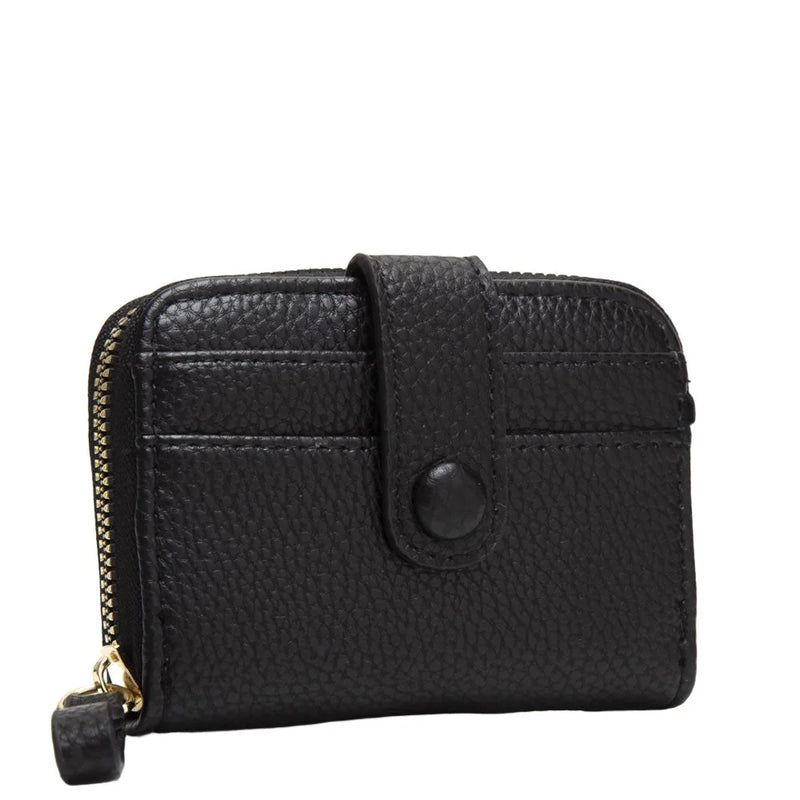 Black leather small zip wallet with snap closure and card slots for organized storage