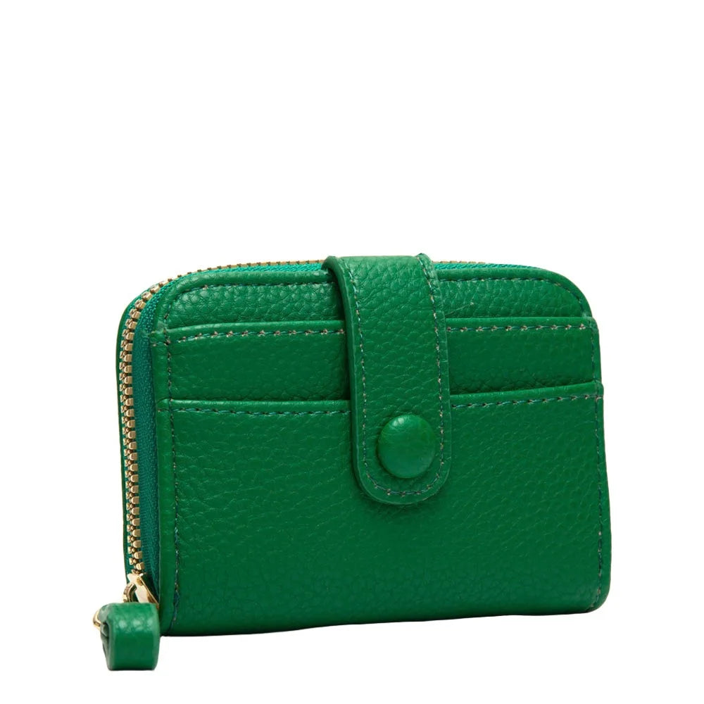 Green leather small zip wallet featuring zipper closure and card slots