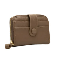 Taupe leather small zip wallet with snap closure and zipper compartment for added security