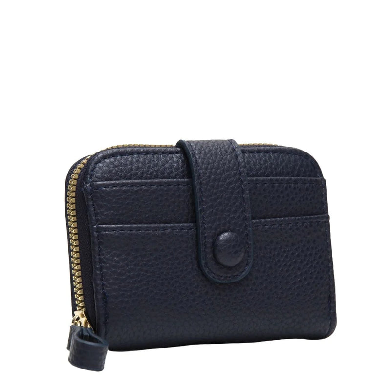 Navy blue leather small zip wallet with zipper closure and snap button flap