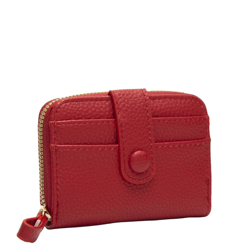 Red leather small zip wallet featuring card slots and snap closure for secure storage