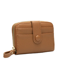 Tan leather small zip wallet with card slots and snap closure for stylish organization