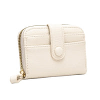 Cream-colored small zip wallet with zipper closure and snap button flap