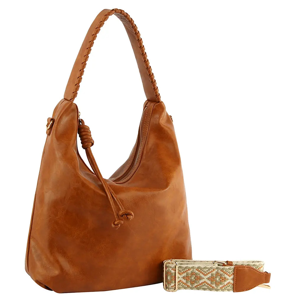 Tan leather Smooth Hobo Bag with braided handle and stylish guitar strap