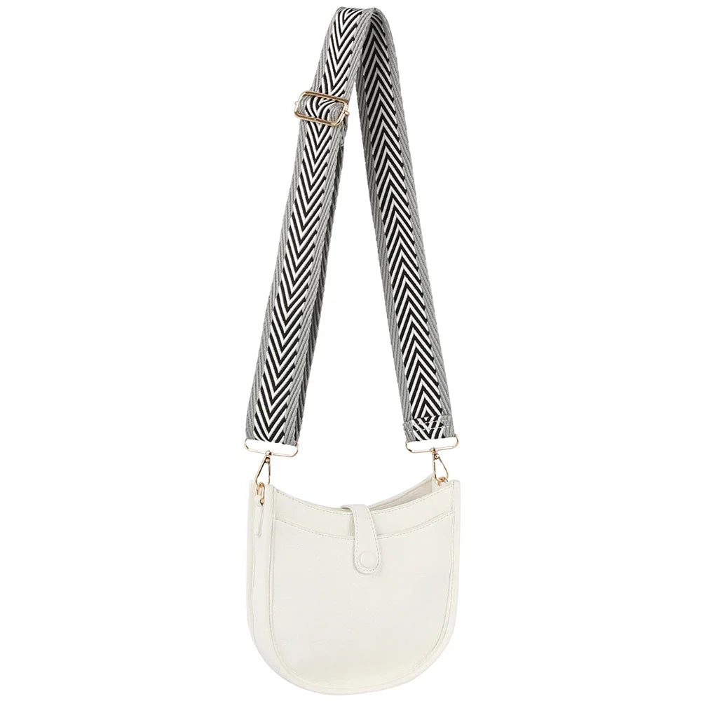 White leather Smooth Curve Crossbody with black and white chevron pattern strap