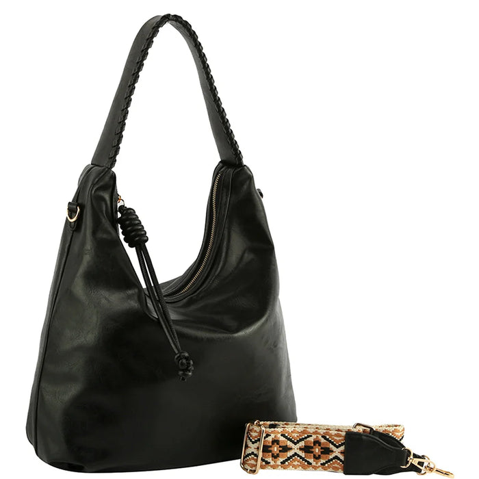 Black leather smooth hobo bag with a single shoulder strap and guitar strap design