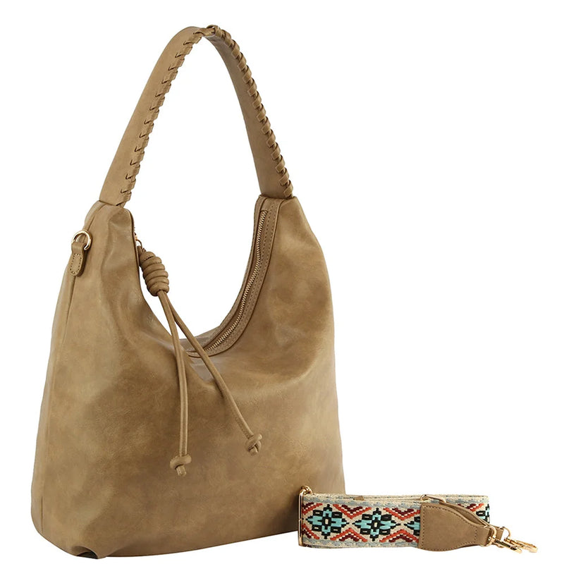 Tan leather Smooth Hobo Bag with curved handle and drawstring detail