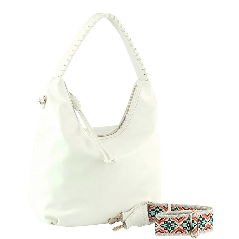 White leather Smooth Hobo Bag with detachable patterned guitar strap for a stylish look