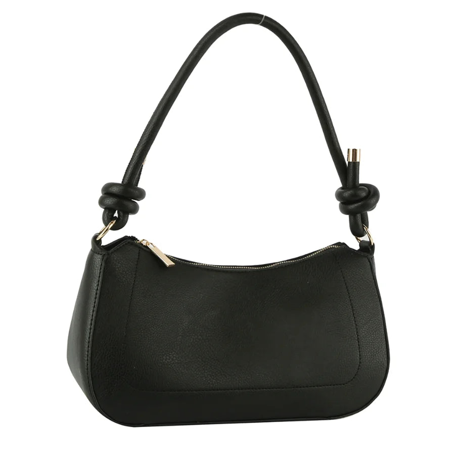 Black leather Smooth Knot Zipper Shoulder Bag with curved handle and zipper closure