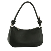 Black leather Smooth Knot Zipper Shoulder Bag with curved handle and zipper closure