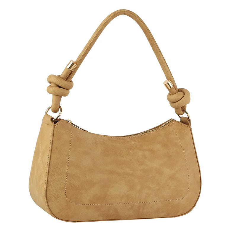 Beige leather handbag featuring a Smooth Knot Zipper shoulder strap design