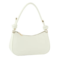 White leather Smooth Knot Zipper Shoulder Bag with curved handle and zipper closure