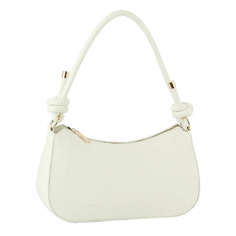 White leather Smooth Knot Zipper Shoulder Bag with curved handle and zipper closure