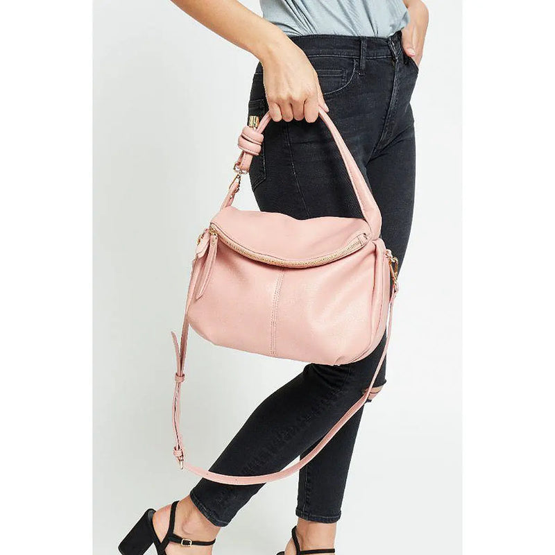 Pink leather messenger bag with shoulder strap and flap closure, Smooth Layla style