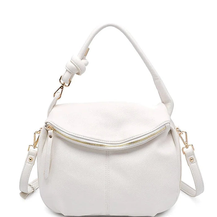 White leather messenger bag with curved top and adjustable strap, Smooth Layla style