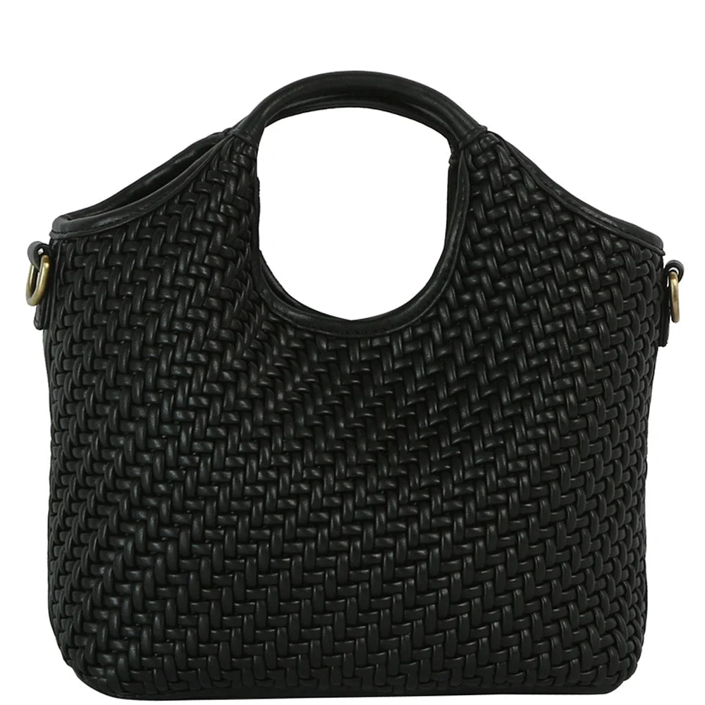 Smooth Shaped Woven Handle Tote Bag - Black - Shoulder Bags