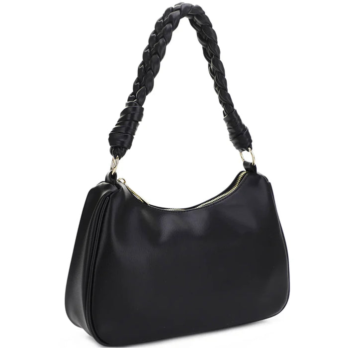 Black leather smooth shoulder bag with a braided shoulder strap for stylish convenience