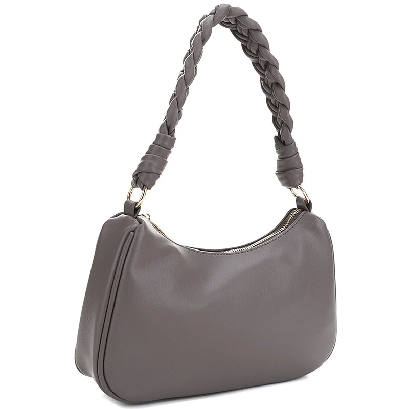 Gray leather Smooth Shoulder Bag with a braided shoulder strap for stylish functionality