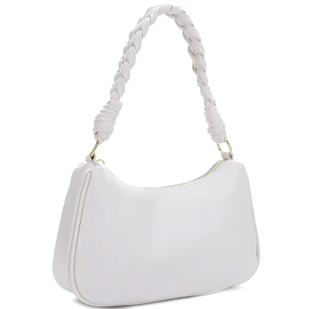 White Smooth Shoulder Bag featuring a braided shoulder strap for stylish comfort