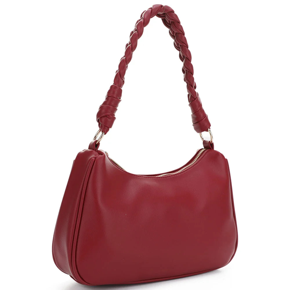 Red leather smooth shoulder bag with braided strap for stylish hand-carry appeal