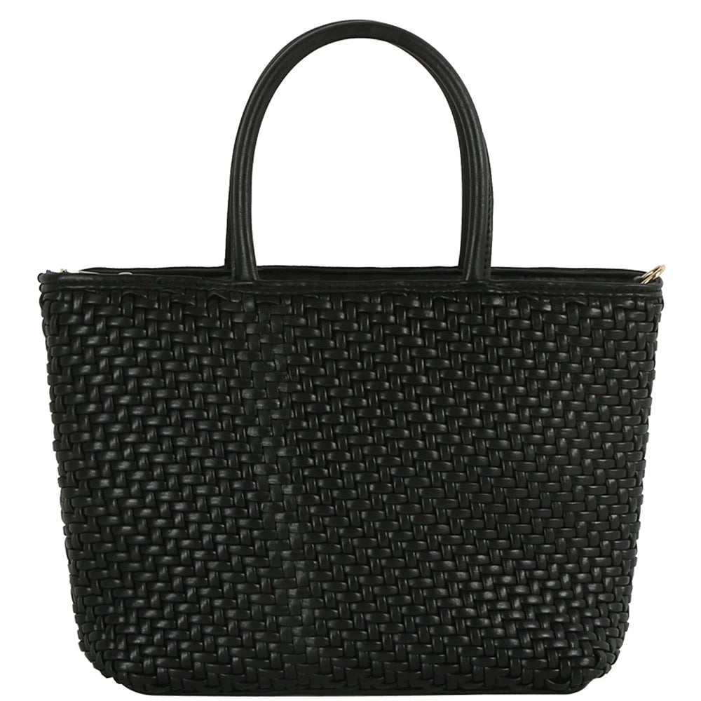 Smooth Woven Design Handle Tote Bag - Black - Shoulder Bags