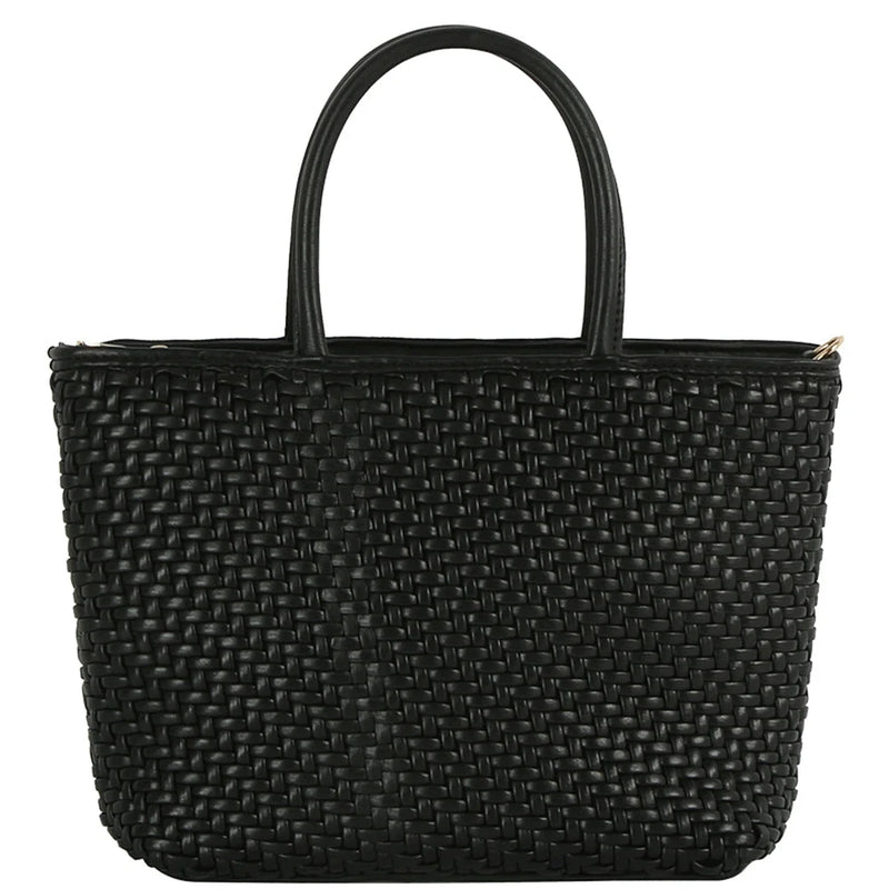 Smooth Woven Design Handle Tote Bag - Black - Shoulder Bags