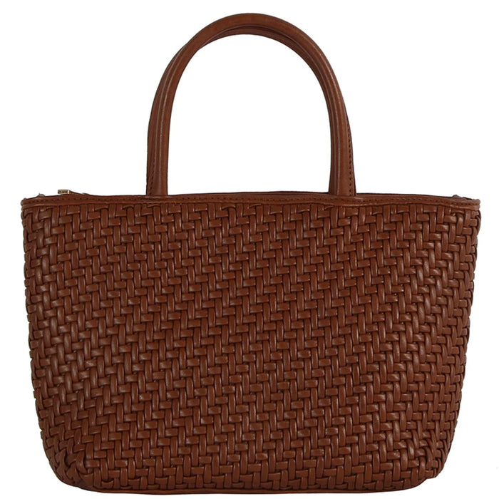 Smooth Woven Design Handle Tote Bag - Brown